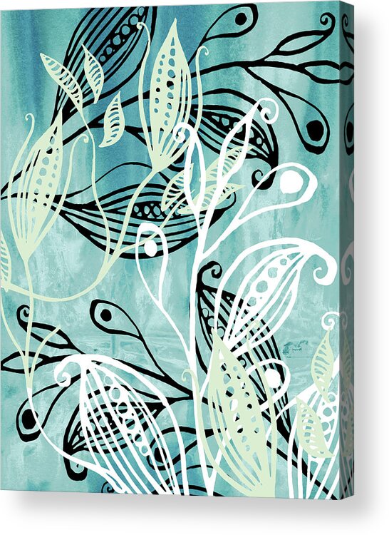 Pods Acrylic Print featuring the painting Elegant Pods And Seeds Pattern With Leaves Teal Blue Watercolor IV by Irina Sztukowski