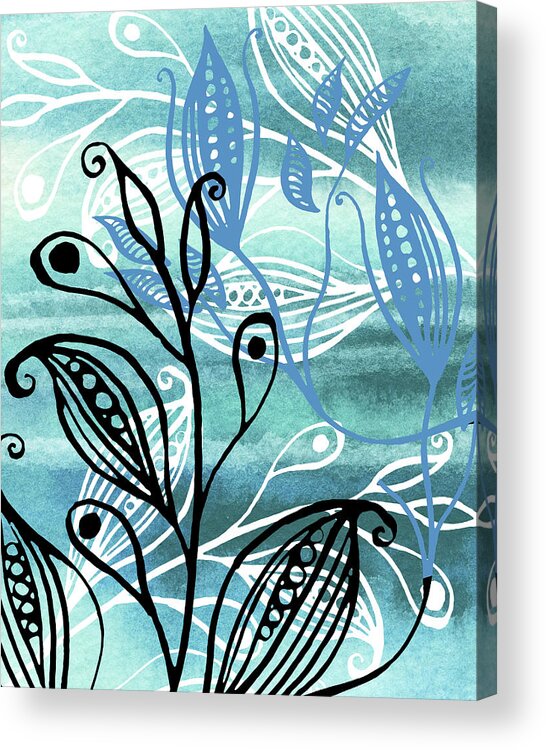 Pods Acrylic Print featuring the painting Elegant Pods And Seeds Pattern With Leaves Teal Blue Watercolor VI by Irina Sztukowski