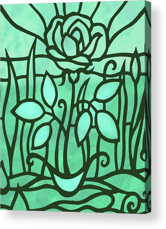 Rose Acrylic Print featuring the painting Emerald Green Rose Garden Flower Stained Glass Tiffany Style Mosaic by Irina Sztukowski
