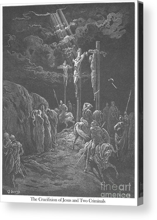 Crucifixion Acrylic Print featuring the photograph Engraving of The Crucifixion of Jesus by Gustave Dore w1 by Historic illustrations