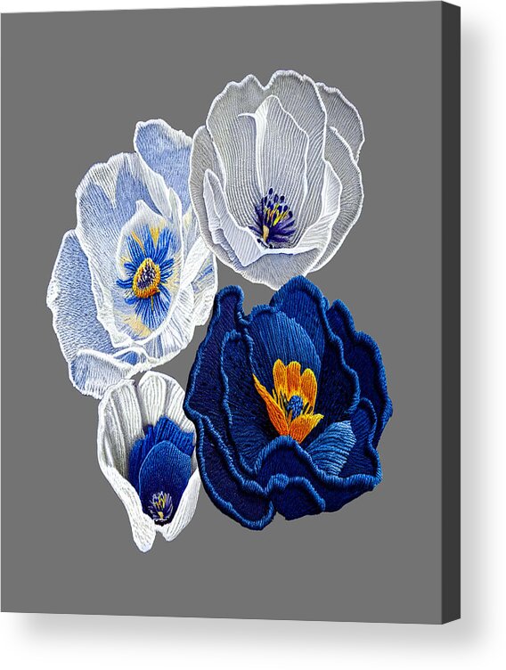 Embroidery Acrylic Print featuring the mixed media Floral Blue Poppy Artwork by OLena Art by Lena Owens - Vibrant DESIGN