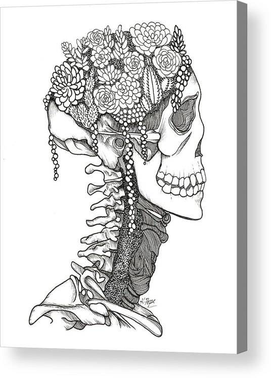 Skull Acrylic Print featuring the drawing Flourishing Mind Botanical Skull by Kathy Pope