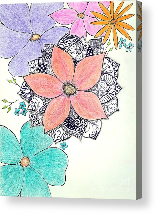 Watercolor Acrylic Print featuring the painting Flowers and Doodles by Ruth Evelyn