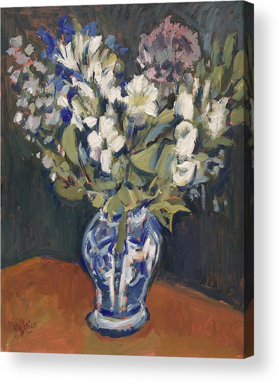 Delfts Blauw Acrylic Print featuring the painting Flowers in white and blue in Delft blue vase by Nop Briex