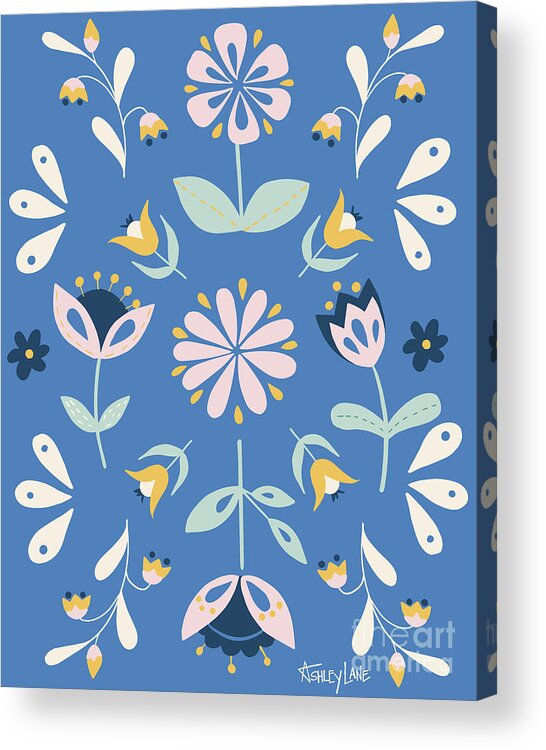 Folk Flowers Acrylic Print featuring the painting Folk Flower Pattern in Blue by Ashley Lane