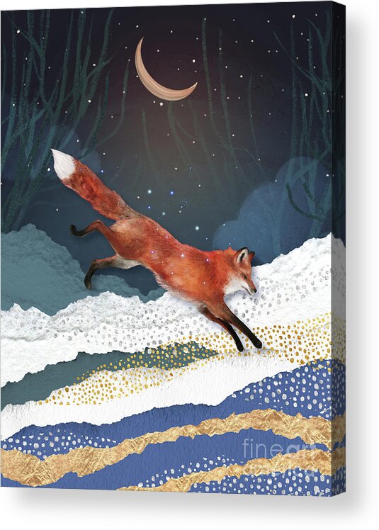 Fox And Moon Acrylic Print featuring the painting Fox And Moon by Garden Of Delights