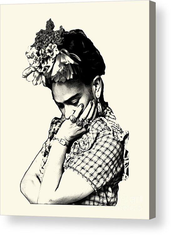 Frida Kahlo Acrylic Print featuring the digital art Frida Kahlo in black and white by Madame Memento