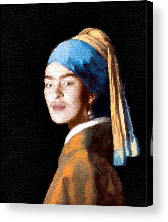 Frida Kahlo De Rivera Acrylic Print featuring the painting Frida Kahlo Johannes Vermeer Girl With A Pearl Earring by Tony Rubino