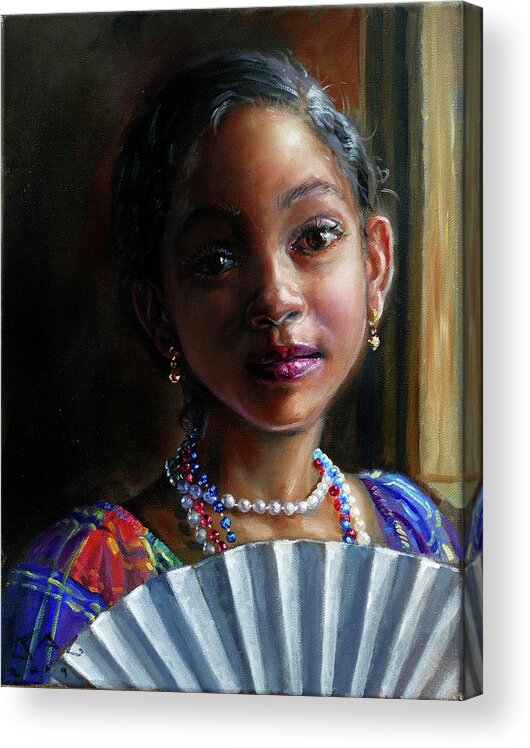 Caribbean Art Acrylic Print featuring the painting Gabrielle with Fan by Jonathan Gladding