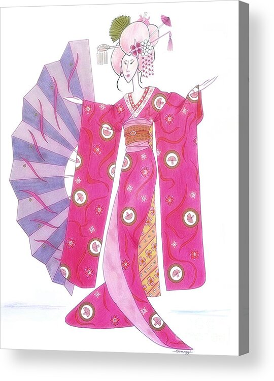 Geisha Acrylic Print featuring the drawing Geisha Barbie -- Whimsical Geisha Girl Drawing by Jayne Somogy