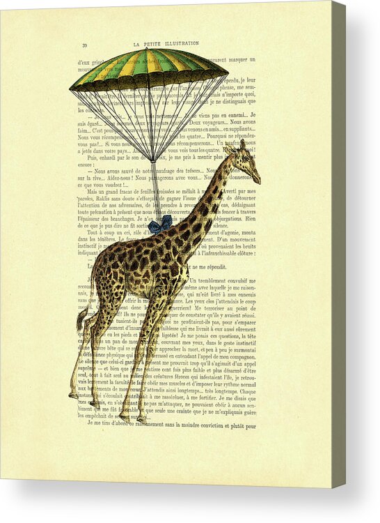 Giraffe Acrylic Print featuring the mixed media Giraffe Hanging From Parachute by Madame Memento