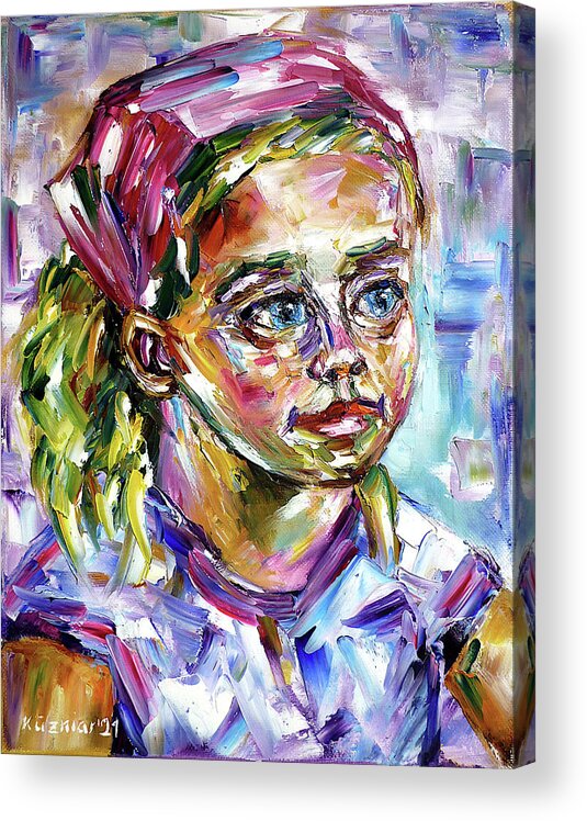 Child From Holland Acrylic Print featuring the painting Girl With A Pink Hair Band by Mirek Kuzniar