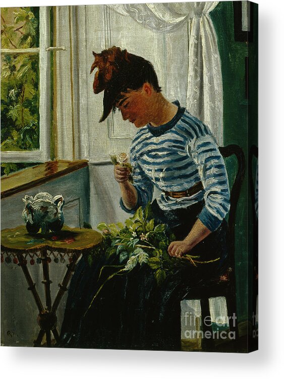 Christian Krohg Acrylic Print featuring the painting Girl with flowers, 1876 by O Vaering by Christian Krohg