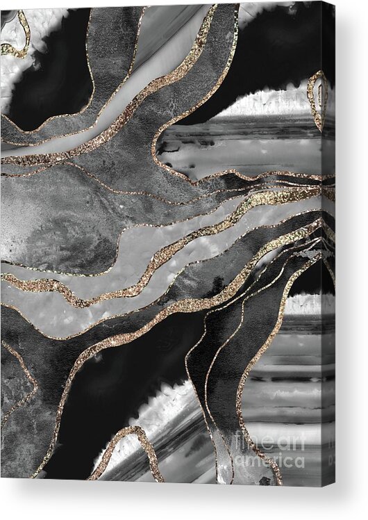 Collage Acrylic Print featuring the mixed media Gray Black White Marble Agate Gold Glitter Glam #1 Faux Glitter #decor #art by Anitas and Bellas Art