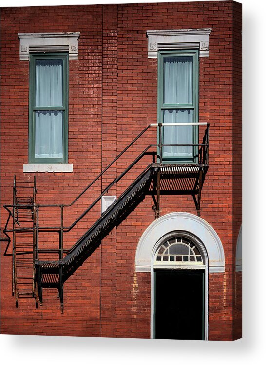 Windows Acrylic Print featuring the photograph Halfway Down - Fire Escape, Windows, and Door by Nikolyn McDonald