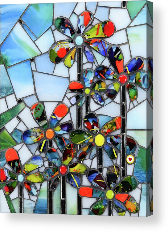 Mosaic Acrylic Print featuring the glass art Happy Daisies by Cherie Bosela