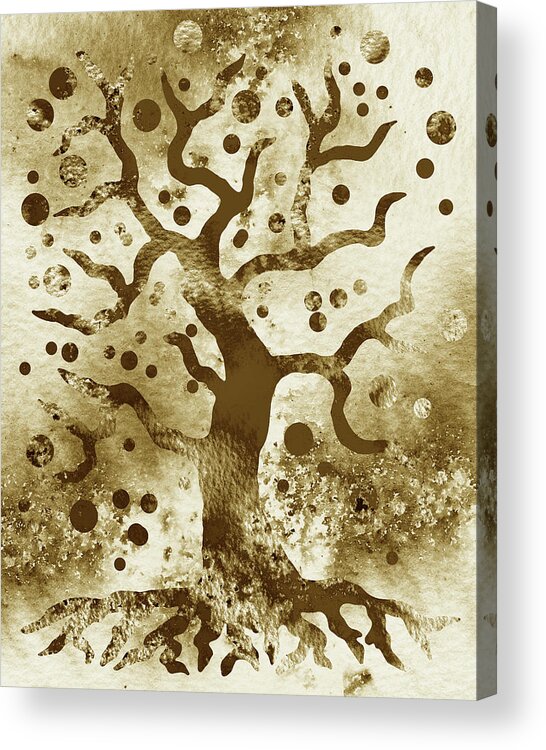 Tree Of Life Acrylic Print featuring the painting Happy Magical Tree Of Life Silhouette Abstract Watercolor Beige Brown Cream Gold by Irina Sztukowski