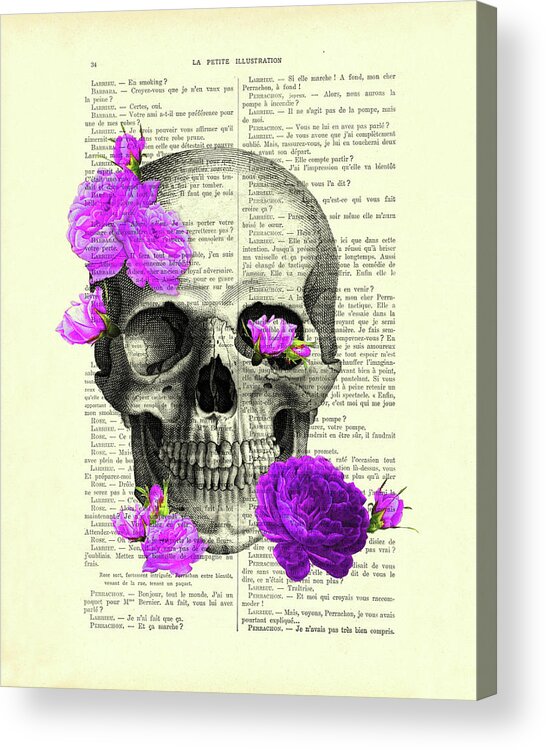 Skull Acrylic Print featuring the digital art Human Skull And Purple Roses by Madame Memento