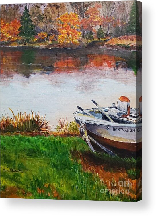 Boat Lake Pond Fall Trees Fishing Boating Drydock. Acrylic Print featuring the painting Indiana Drydock by Carole Powell