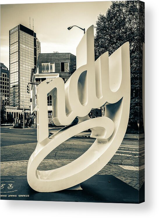Indianapolis Skyline Acrylic Print featuring the photograph Indianapolis Script Sign - Sepia Edition by Gregory Ballos