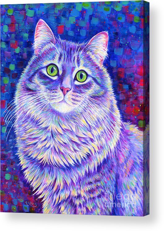 Gray Tabby Acrylic Print featuring the painting Iridescence - Colorful Gray Tabby Cat by Rebecca Wang