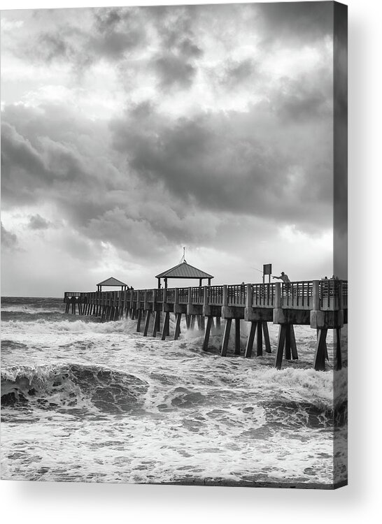 Pier Acrylic Print featuring the photograph Juno Pier Sunrise Fishing Bw by Laura Fasulo