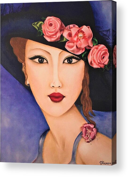 Wall Art Oil Painting Ribbon Embroidery Flowers Roses Portrait Face Lady Nice Gift Idea Wall Décor Office Décor Pink Roses Lady Pink Flowers Acrylic Print featuring the mixed media Lady Nice by Tanya Harr