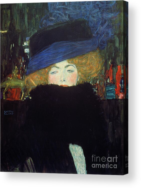 Klimt Acrylic Print featuring the painting Lady with a hat and a feather boa by Gustav Klimt