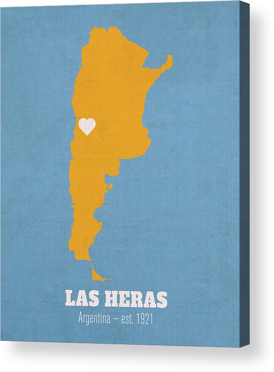 Las Heras Acrylic Print featuring the mixed media Las Heras Argentina Founded 1921 World Cities Heart by Design Turnpike