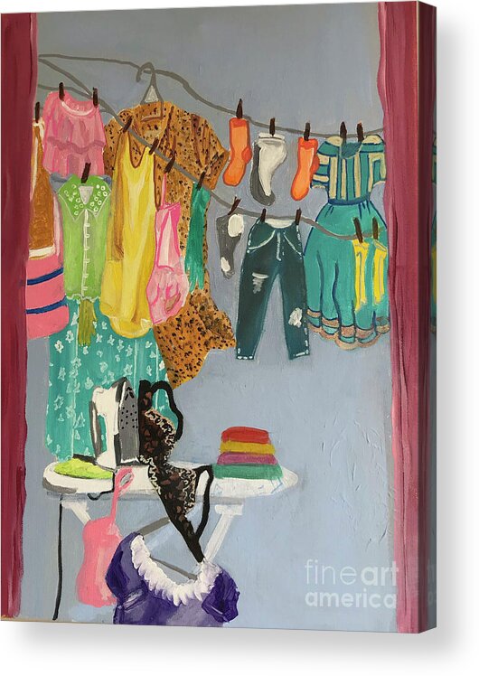 Domestic Chaos During Covid Acrylic Print featuring the painting Laundry Day by Theresa Honeycheck