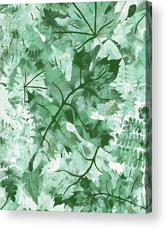Teal Gray Leaves Acrylic Print featuring the painting Leaves Serenade Organic Nature Teal Gray Monochrome Watercolor III by Irina Sztukowski