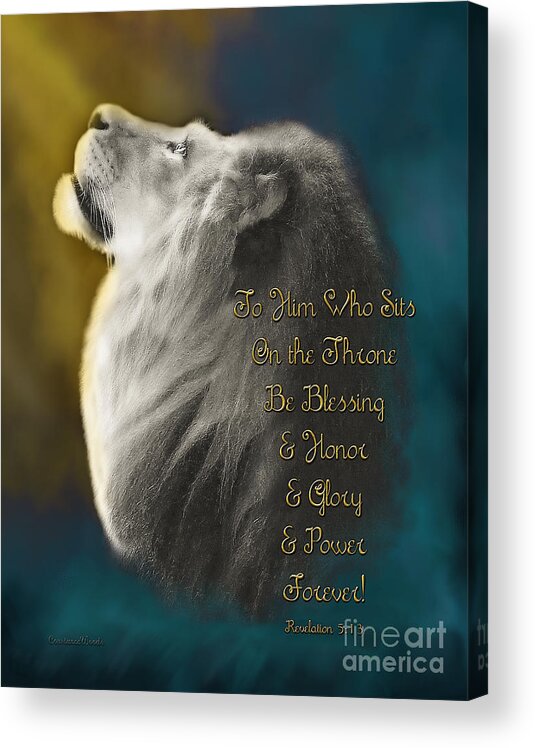 Lion; Judah; Worship; Prophetic; Revelation; Jesus; Christ; Throne; Adoration; Praise; Father; Abba; Lion Of Judah Art Acrylic Print featuring the painting Lion On The Throne in Aqua by Constance Woods