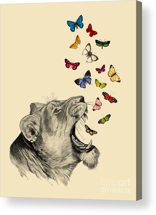 Lion Acrylic Print featuring the digital art Lioness with butterflies by Madame Memento