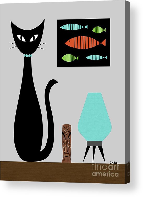 Mid Century Cat Acrylic Print featuring the digital art Mid Century Cat with Fish on Gray by Donna Mibus