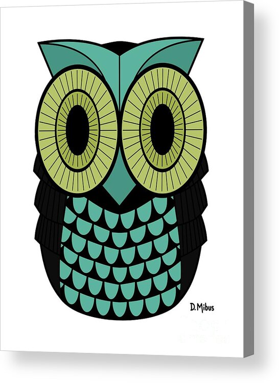Owl Acrylic Print featuring the digital art Mid Century Owl in Teal and Green by Donna Mibus