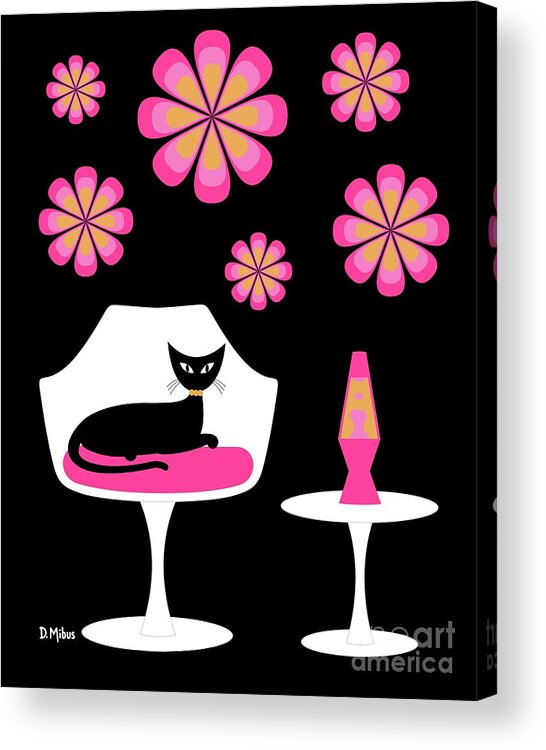 Mid Century Cat Acrylic Print featuring the digital art Mid Century Tulip Chair with Pink Mod Flowers by Donna Mibus