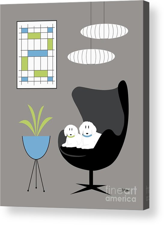 Mid Century Modern Acrylic Print featuring the digital art Mid Century White Dogs in Black Egg Chair by Donna Mibus