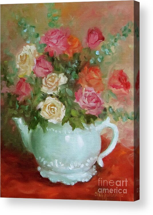 Red Roses Acrylic Print featuring the painting Mixed Rose Bouquet in Turquoise Vase by Cheri Wollenberg