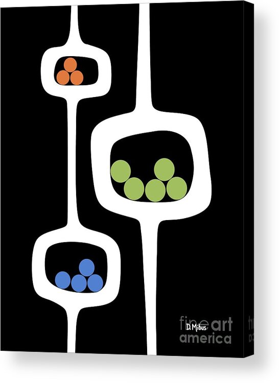Mid Century Pods Acrylic Print featuring the digital art Mod Pod 3 with Circles on Black by Donna Mibus
