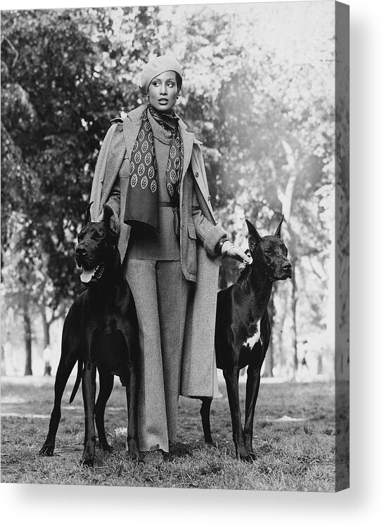 Accessories Acrylic Print featuring the photograph Model Beverly Johnson With Two Great Danes by Francesco Scavullo