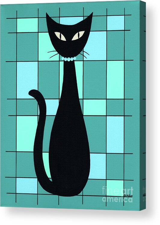 Mid Century Modern Cat Acrylic Print featuring the painting Mondrian Cat in Blue, Green and Teal by Donna Mibus