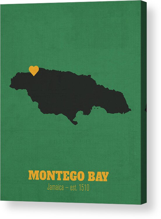 Montego Bay Acrylic Print featuring the mixed media Montego Bay Jamaica Founded 1510 World Cities Heart Print by Design Turnpike