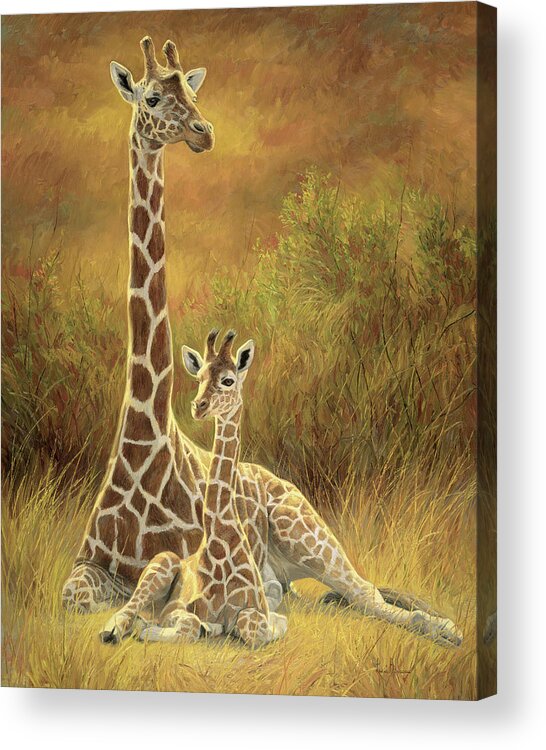 Giraffe Acrylic Print featuring the painting Mother and Son by Lucie Bilodeau