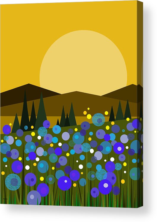 Mountain Meadow Sunrise And Bluebells Acrylic Print featuring the digital art Mountain Meadow Sunrise and Bluebells by Val Arie