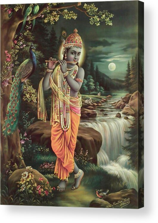 Hinduism Acrylic Print featuring the painting Murli Manohar - Krishna Playing the Flute by Narottam Narayan Sharma