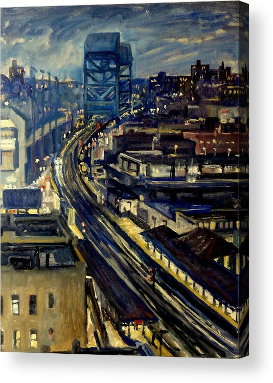 Inwood Nocture Acrylic Print featuring the painting Night Tracks New York Nocturne Broadway Bridge by Thor Wickstrom