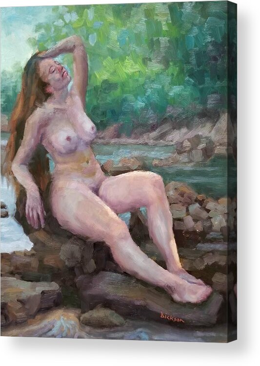 Plein Air Acrylic Print featuring the painting Nude woman by creek by Jeff Dickson