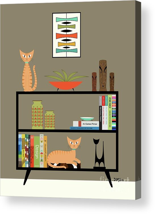 Mid Century Modern Orange Tabby Cats Acrylic Print featuring the digital art Orange Tabby Cats on Bookcase by Donna Mibus