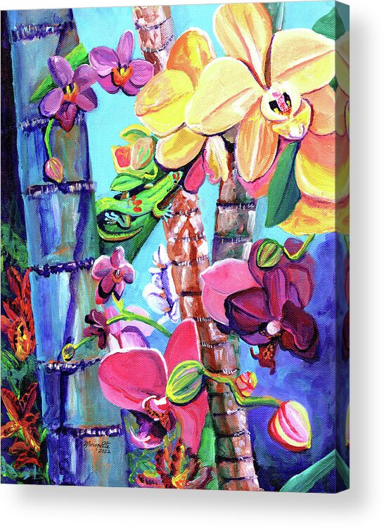 Gold Dust Day Gecko Acrylic Print featuring the painting Orchids with Gold Dust Day Gecko by Marionette Taboniar