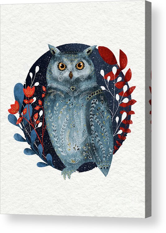 Owl Acrylic Print featuring the painting Owl With Flowers by Modern Art
